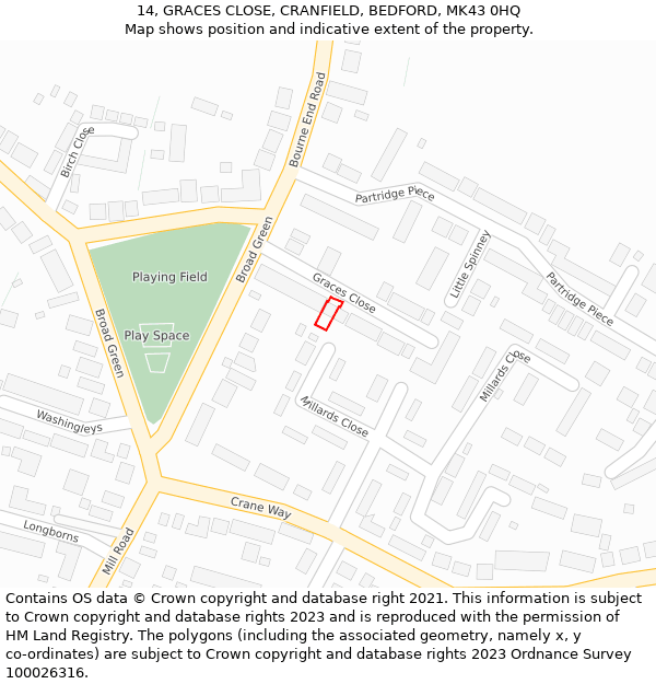 14, GRACES CLOSE, CRANFIELD, BEDFORD, MK43 0HQ: Location map and indicative extent of plot