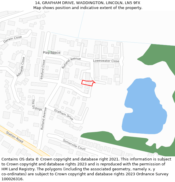 14, GRAFHAM DRIVE, WADDINGTON, LINCOLN, LN5 9FX: Location map and indicative extent of plot