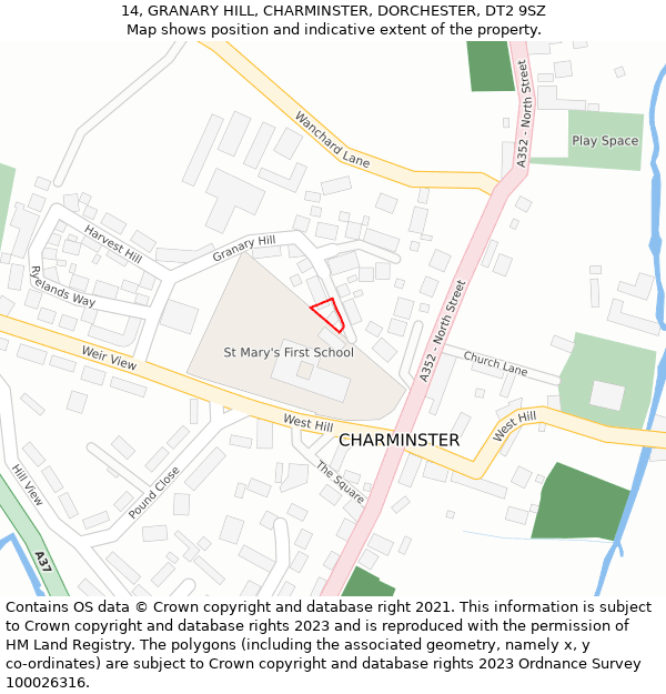 14, GRANARY HILL, CHARMINSTER, DORCHESTER, DT2 9SZ: Location map and indicative extent of plot