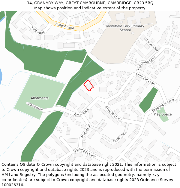 14, GRANARY WAY, GREAT CAMBOURNE, CAMBRIDGE, CB23 5BQ: Location map and indicative extent of plot