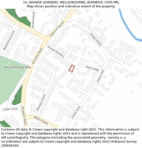 14, GRANGE GARDENS, WELLESBOURNE, WARWICK, CV35 9RL: Location map and indicative extent of plot