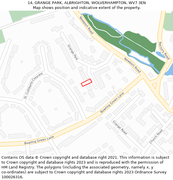 14, GRANGE PARK, ALBRIGHTON, WOLVERHAMPTON, WV7 3EN: Location map and indicative extent of plot