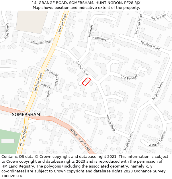 14, GRANGE ROAD, SOMERSHAM, HUNTINGDON, PE28 3JX: Location map and indicative extent of plot