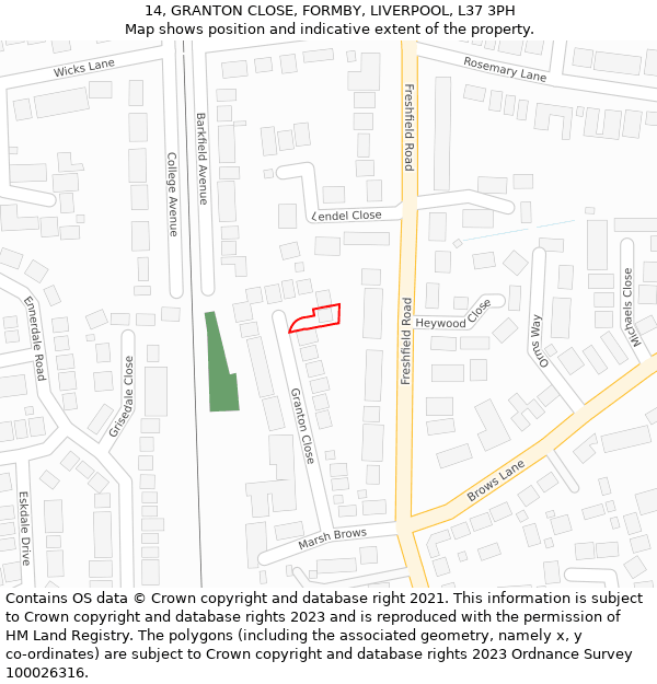 14, GRANTON CLOSE, FORMBY, LIVERPOOL, L37 3PH: Location map and indicative extent of plot