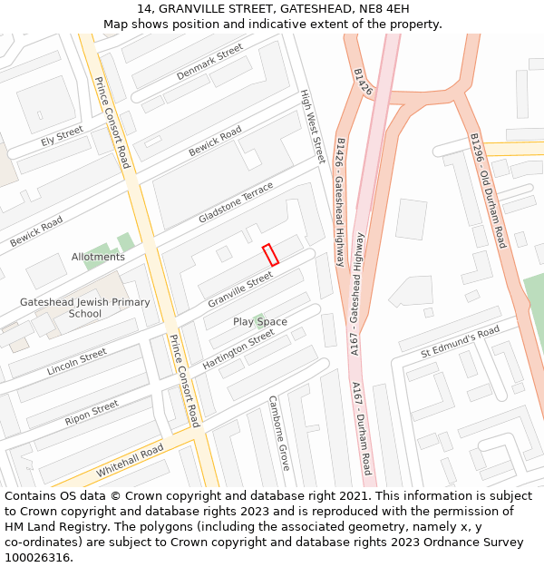 14, GRANVILLE STREET, GATESHEAD, NE8 4EH: Location map and indicative extent of plot
