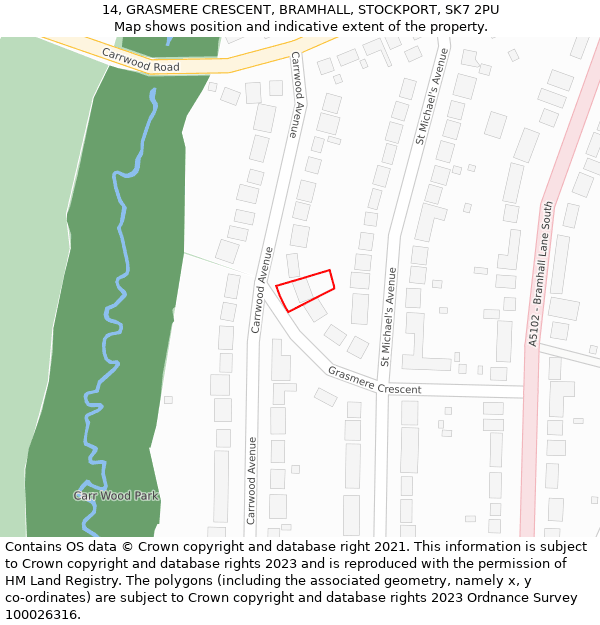 14, GRASMERE CRESCENT, BRAMHALL, STOCKPORT, SK7 2PU: Location map and indicative extent of plot