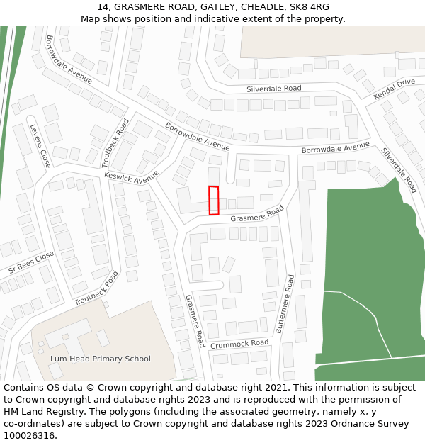 14, GRASMERE ROAD, GATLEY, CHEADLE, SK8 4RG: Location map and indicative extent of plot