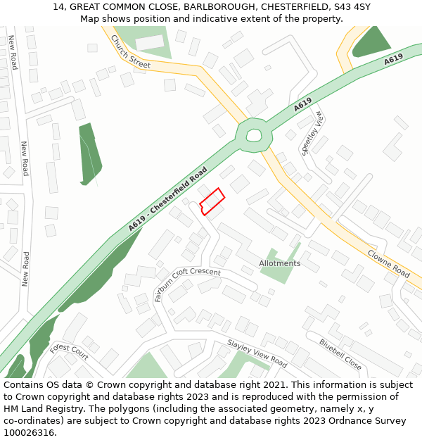 14, GREAT COMMON CLOSE, BARLBOROUGH, CHESTERFIELD, S43 4SY: Location map and indicative extent of plot