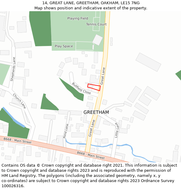 14, GREAT LANE, GREETHAM, OAKHAM, LE15 7NG: Location map and indicative extent of plot
