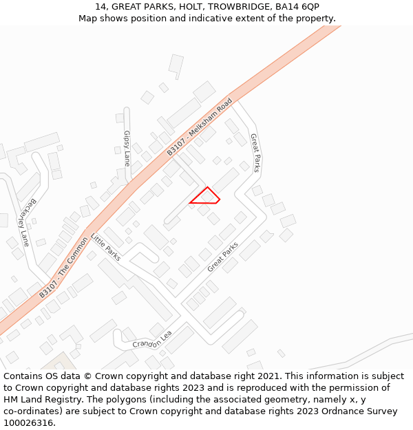 14, GREAT PARKS, HOLT, TROWBRIDGE, BA14 6QP: Location map and indicative extent of plot