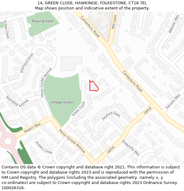 14, GREEN CLOSE, HAWKINGE, FOLKESTONE, CT18 7EL: Location map and indicative extent of plot