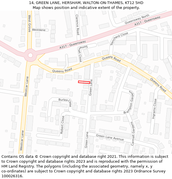 14, GREEN LANE, HERSHAM, WALTON-ON-THAMES, KT12 5HD: Location map and indicative extent of plot