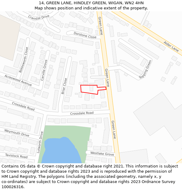 14, GREEN LANE, HINDLEY GREEN, WIGAN, WN2 4HN: Location map and indicative extent of plot