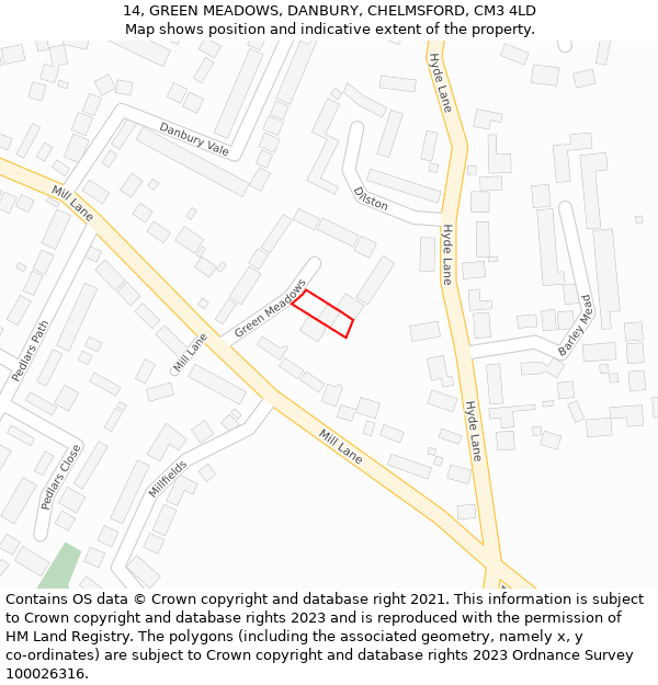 14, GREEN MEADOWS, DANBURY, CHELMSFORD, CM3 4LD: Location map and indicative extent of plot