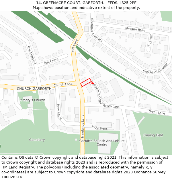 14, GREENACRE COURT, GARFORTH, LEEDS, LS25 2PE: Location map and indicative extent of plot