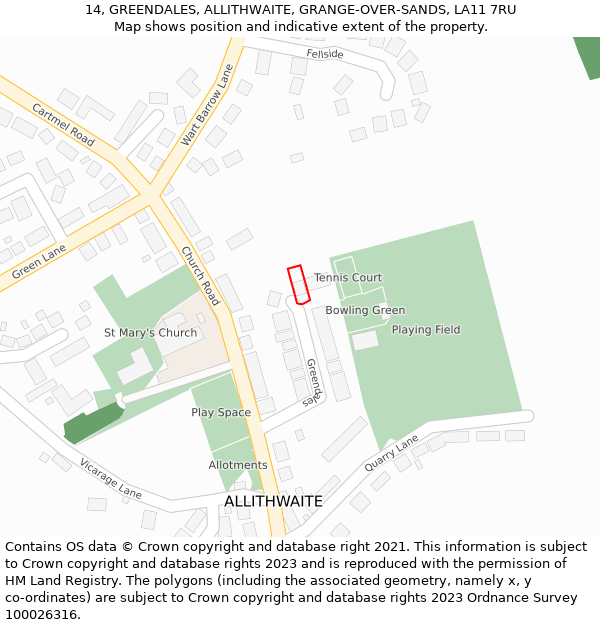 14, GREENDALES, ALLITHWAITE, GRANGE-OVER-SANDS, LA11 7RU: Location map and indicative extent of plot