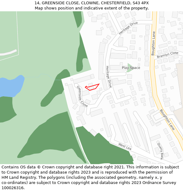 14, GREENSIDE CLOSE, CLOWNE, CHESTERFIELD, S43 4PX: Location map and indicative extent of plot