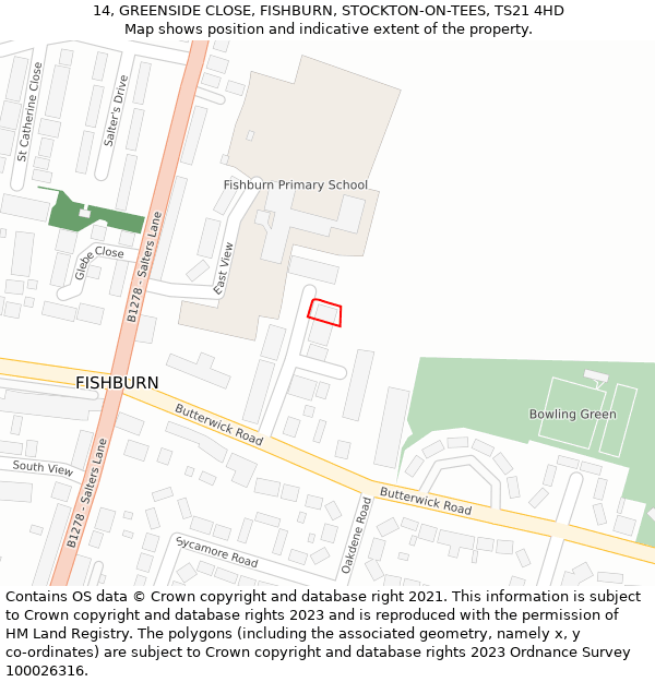 14, GREENSIDE CLOSE, FISHBURN, STOCKTON-ON-TEES, TS21 4HD: Location map and indicative extent of plot