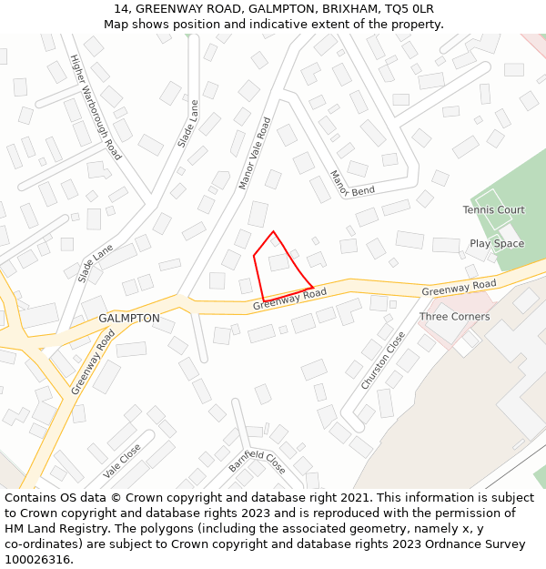 14, GREENWAY ROAD, GALMPTON, BRIXHAM, TQ5 0LR: Location map and indicative extent of plot
