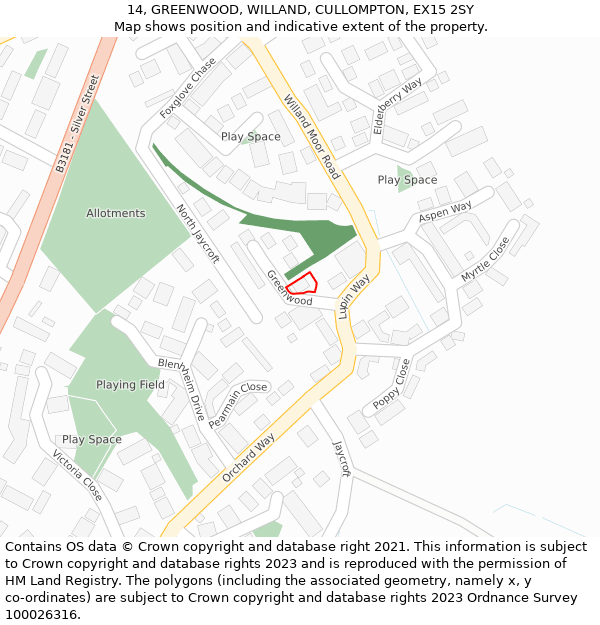 14, GREENWOOD, WILLAND, CULLOMPTON, EX15 2SY: Location map and indicative extent of plot