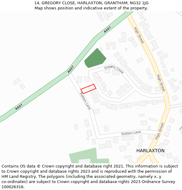 14, GREGORY CLOSE, HARLAXTON, GRANTHAM, NG32 1JG: Location map and indicative extent of plot