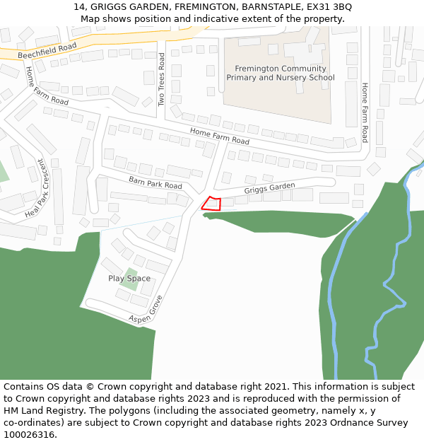 14, GRIGGS GARDEN, FREMINGTON, BARNSTAPLE, EX31 3BQ: Location map and indicative extent of plot