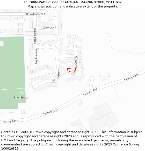 14, GRIMWADE CLOSE, BRANTHAM, MANNINGTREE, CO11 1QY: Location map and indicative extent of plot