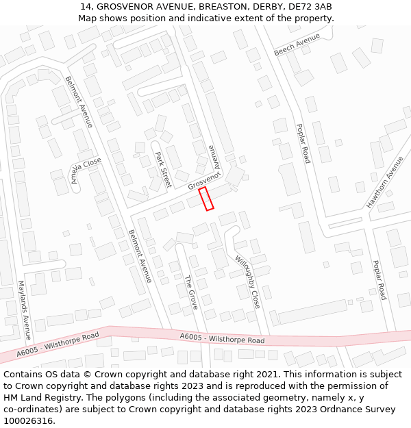 14, GROSVENOR AVENUE, BREASTON, DERBY, DE72 3AB: Location map and indicative extent of plot