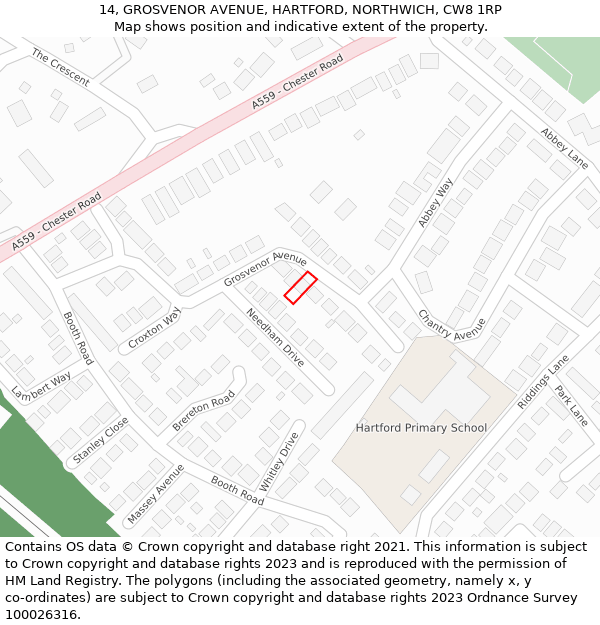 14, GROSVENOR AVENUE, HARTFORD, NORTHWICH, CW8 1RP: Location map and indicative extent of plot