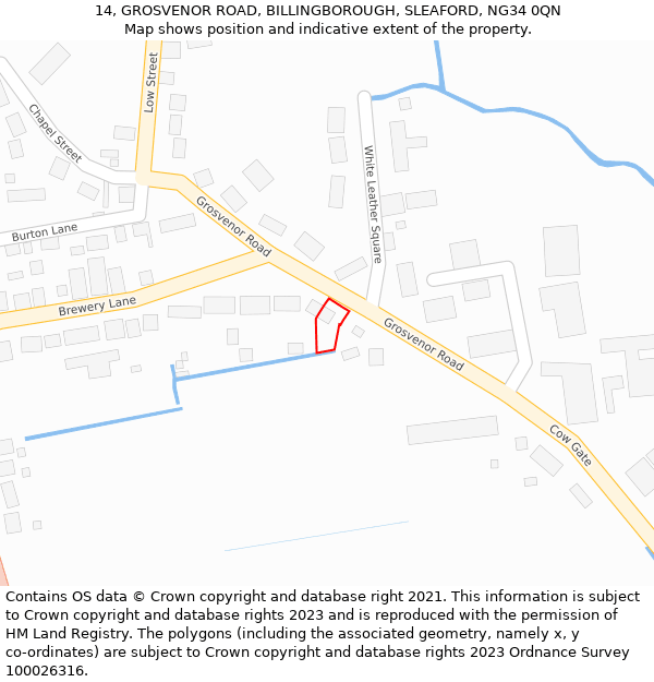 14, GROSVENOR ROAD, BILLINGBOROUGH, SLEAFORD, NG34 0QN: Location map and indicative extent of plot