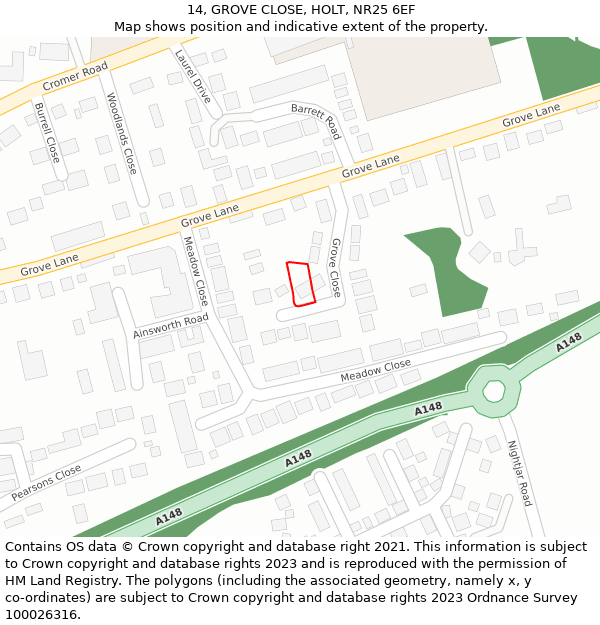 14, GROVE CLOSE, HOLT, NR25 6EF: Location map and indicative extent of plot