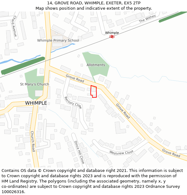 14, GROVE ROAD, WHIMPLE, EXETER, EX5 2TP: Location map and indicative extent of plot