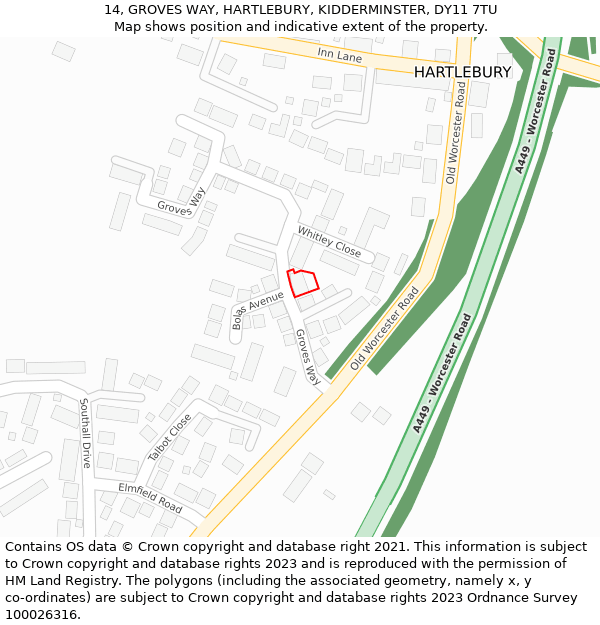 14, GROVES WAY, HARTLEBURY, KIDDERMINSTER, DY11 7TU: Location map and indicative extent of plot