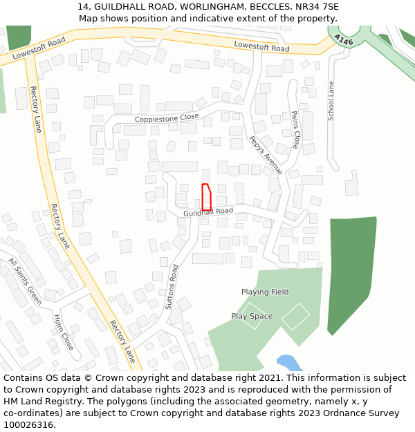 14, GUILDHALL ROAD, WORLINGHAM, BECCLES, NR34 7SE: Location map and indicative extent of plot
