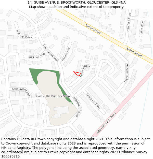 14, GUISE AVENUE, BROCKWORTH, GLOUCESTER, GL3 4NA: Location map and indicative extent of plot