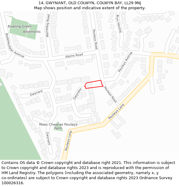 14, GWYNANT, OLD COLWYN, COLWYN BAY, LL29 9NJ: Location map and indicative extent of plot