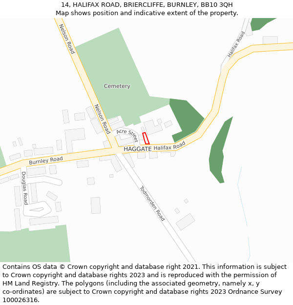 14, HALIFAX ROAD, BRIERCLIFFE, BURNLEY, BB10 3QH: Location map and indicative extent of plot
