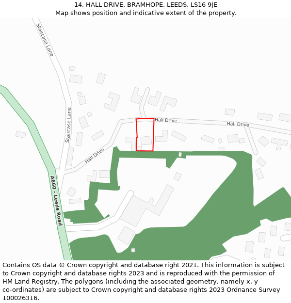 14, HALL DRIVE, BRAMHOPE, LEEDS, LS16 9JE: Location map and indicative extent of plot