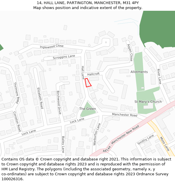 14, HALL LANE, PARTINGTON, MANCHESTER, M31 4PY: Location map and indicative extent of plot