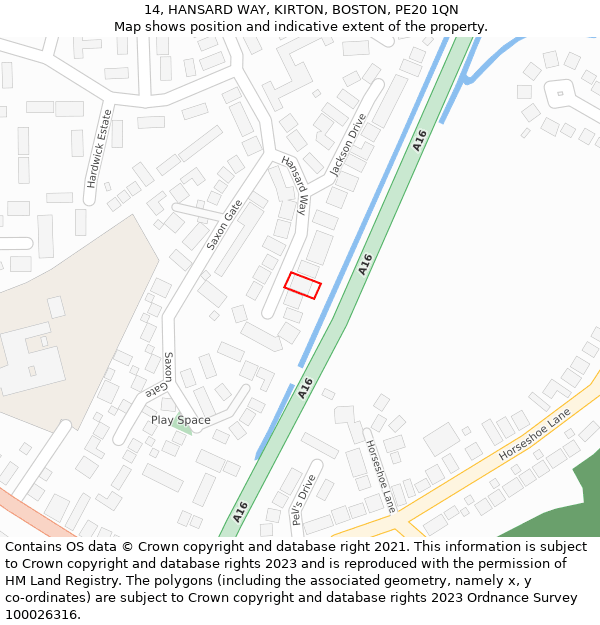 14, HANSARD WAY, KIRTON, BOSTON, PE20 1QN: Location map and indicative extent of plot