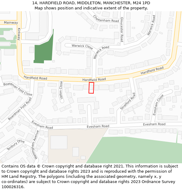 14, HARDFIELD ROAD, MIDDLETON, MANCHESTER, M24 1PD: Location map and indicative extent of plot