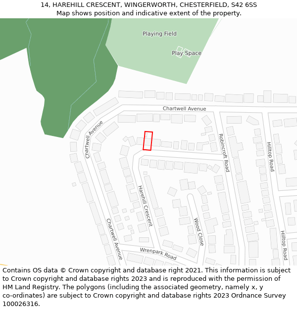14, HAREHILL CRESCENT, WINGERWORTH, CHESTERFIELD, S42 6SS: Location map and indicative extent of plot