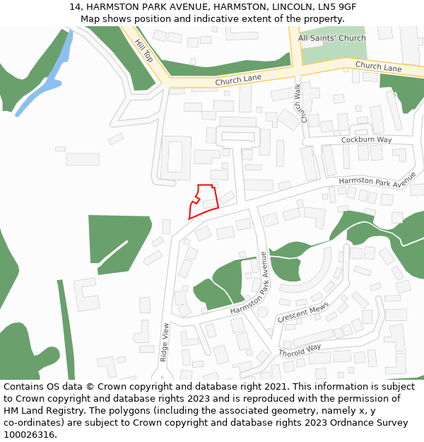 14, HARMSTON PARK AVENUE, HARMSTON, LINCOLN, LN5 9GF: Location map and indicative extent of plot