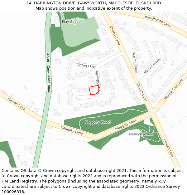 14, HARRINGTON DRIVE, GAWSWORTH, MACCLESFIELD, SK11 9RD: Location map and indicative extent of plot