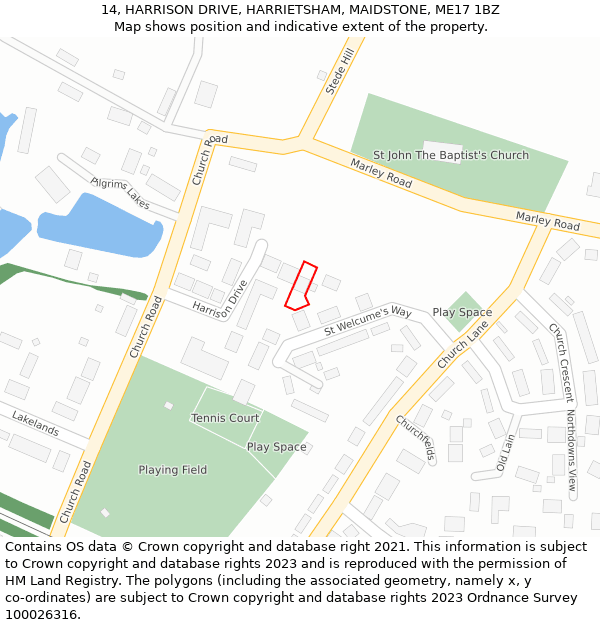 14, HARRISON DRIVE, HARRIETSHAM, MAIDSTONE, ME17 1BZ: Location map and indicative extent of plot