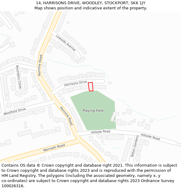 14, HARRISONS DRIVE, WOODLEY, STOCKPORT, SK6 1JY: Location map and indicative extent of plot
