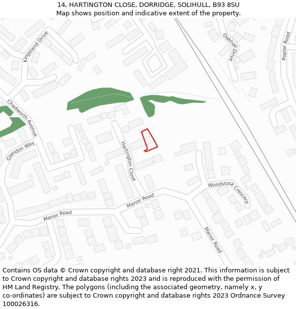 14, HARTINGTON CLOSE, DORRIDGE, SOLIHULL, B93 8SU: Location map and indicative extent of plot