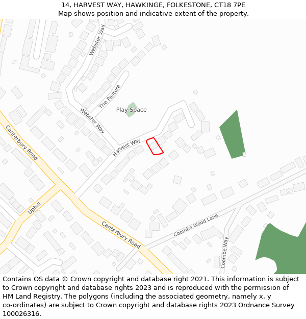 14, HARVEST WAY, HAWKINGE, FOLKESTONE, CT18 7PE: Location map and indicative extent of plot