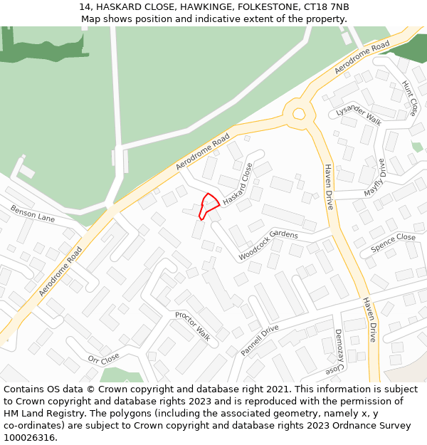 14, HASKARD CLOSE, HAWKINGE, FOLKESTONE, CT18 7NB: Location map and indicative extent of plot