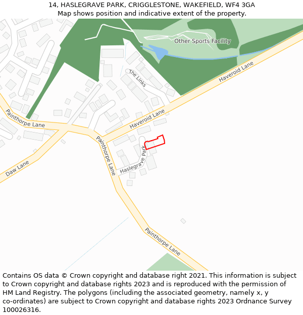 14, HASLEGRAVE PARK, CRIGGLESTONE, WAKEFIELD, WF4 3GA: Location map and indicative extent of plot